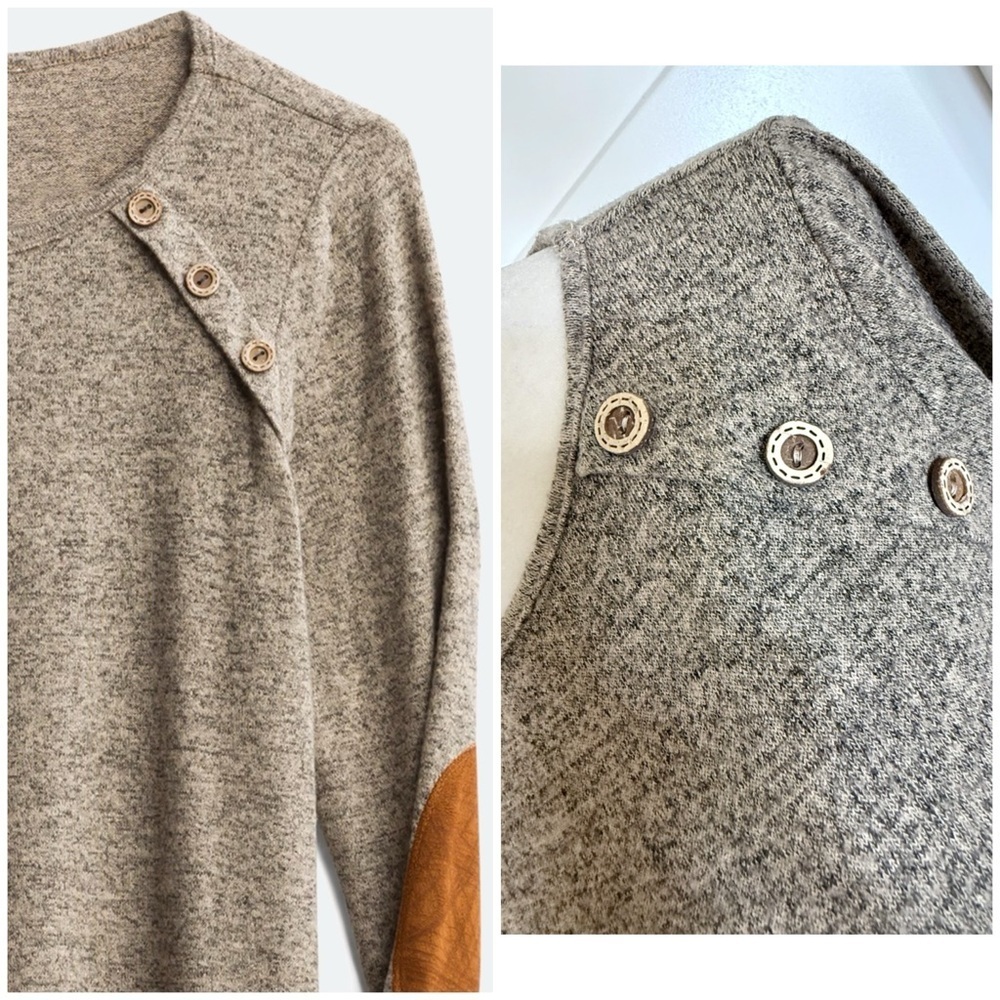 Pink Clover Luna Elbow Patch Button Knit Top | XS | Taupe - Picture 3 of 5